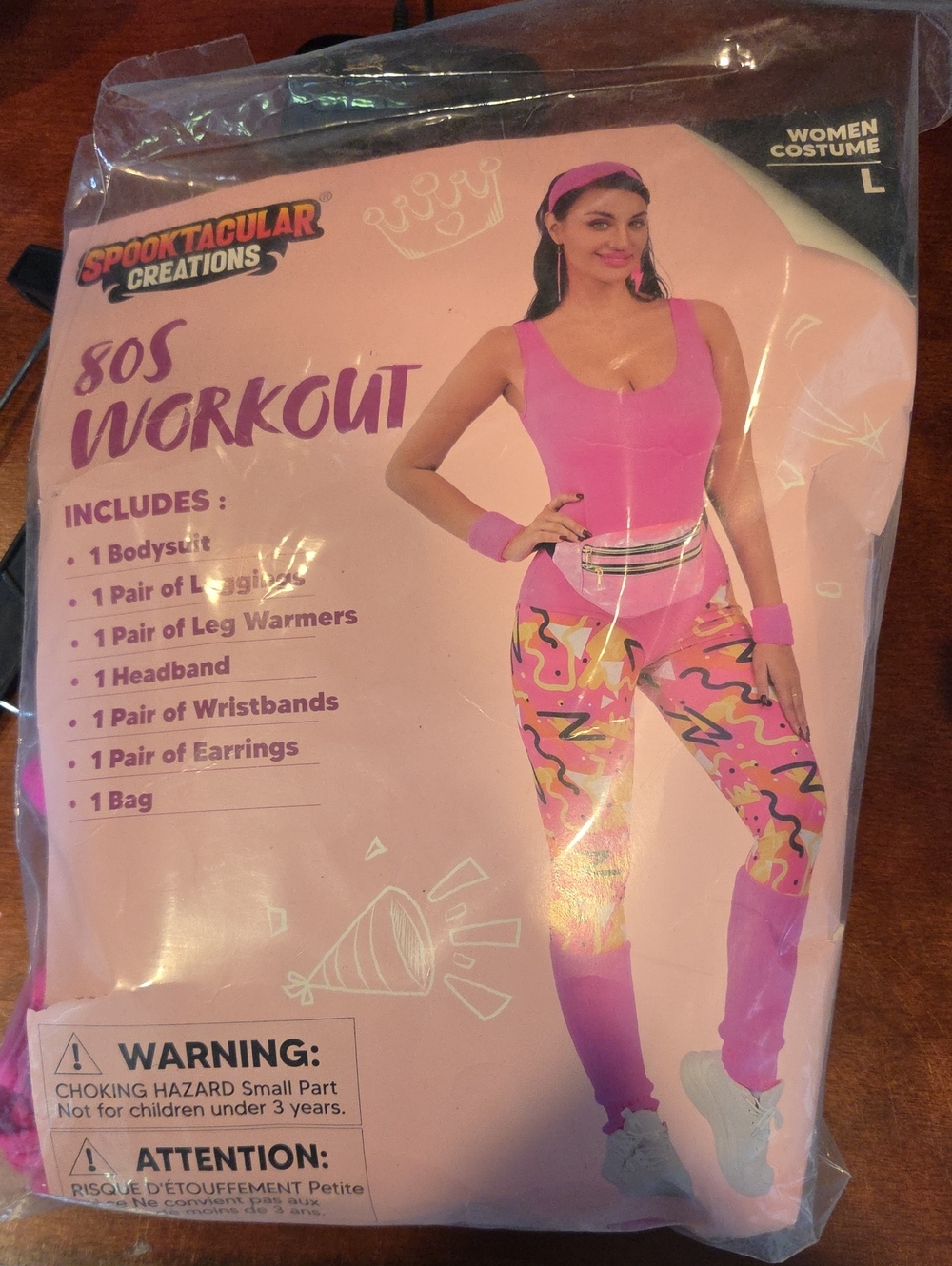 Women's Pink 80s Workout Jumpsuit Costume Set- New In Plastic- Size Large